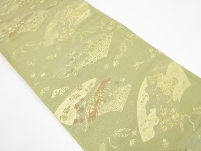 アンティーク　地紙に御所車・橋・花鳥模様織り出し袋帯（着用可）